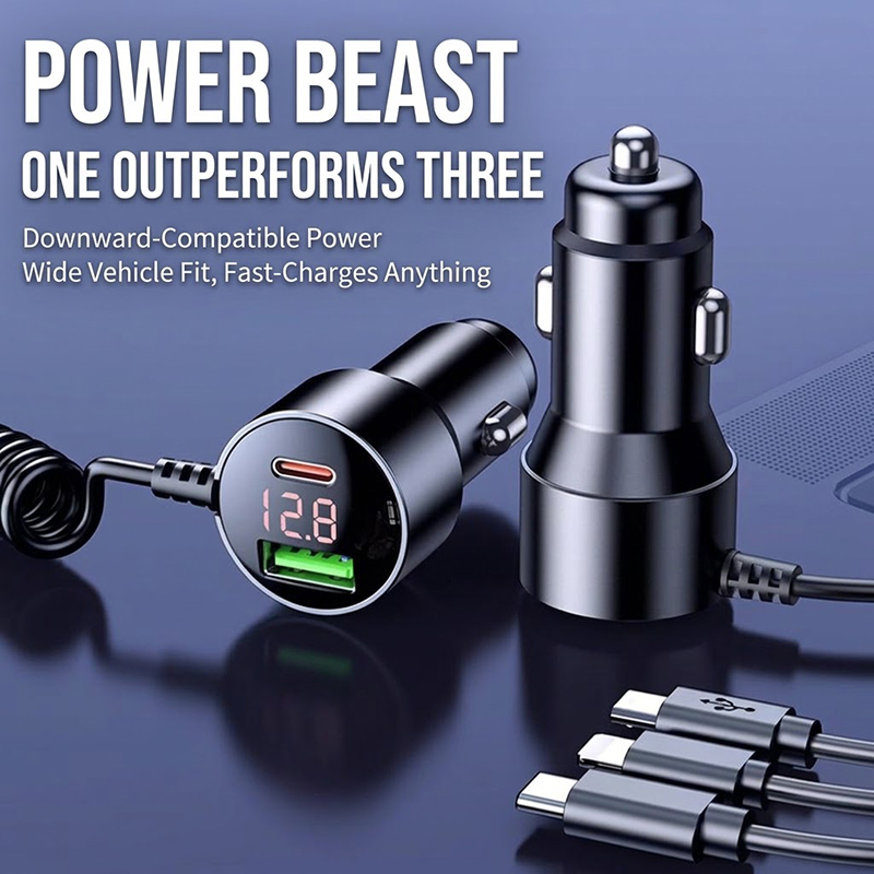Laptop Charger - 3-in-1 autolader met intrekbare kabel, snelladen